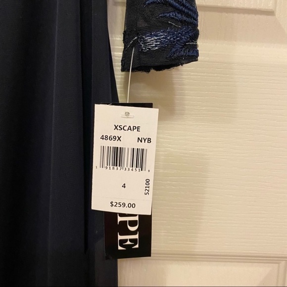 XSCAPE Lace Embroidered Sheer Long Sleeve Gown in Navy Blue - Picture 10 of 11